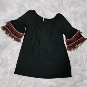 Now and forever women's black loose fit blouse with brown fringe sleeves…